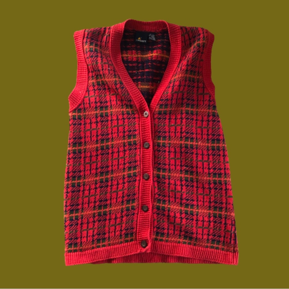 Vtg Lizsport red plaid button front sleeveless cardigan festive preppy sz Large